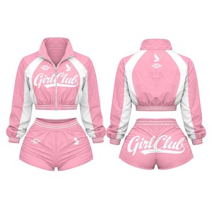 Women 220 GSM Polyester Windbreaker Short Set Pink <b>White</b> Panel Design Puff Print Custom Logo Breathable Windbreaker Shorts Set - Product Image 1