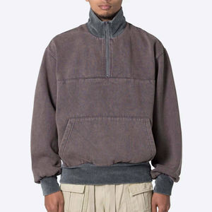 Unisex Vintage Washed Grey 100% Cotton <b>Fleece</b> <b>Quarter</b> <b>Zip</b> Windproof Eco-Friendly Sweatshirt Custom Pullover Turtleneck - Product Image 1