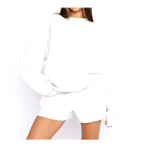 Nouvel ensemble deux pièces pour femmes, taille plus, sweat-shirt décontracté uni à manches longues et col rond, et short de jogging avec logo sur le devant - Product Image 1