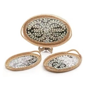Ensemble de 2 plateaux de service en nacre avec bordures en jute et rotin Plateau de service pour pâtisserie et aliments du désert Décor de Noël et d'événements - Product Image 2