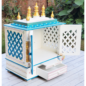 Temple mural en bois Hindu Mandir fabriqué à la main pour la maison Pooja Room avec tiroir et conception de sculpture complexe - Product Image 5