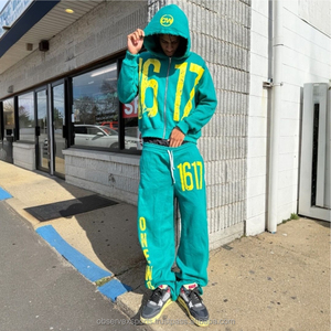 Trajes de chándal de algodón con peso pesado personalizados lavado con ácido sol desteñido estampado de pantalla sudaderas con cremallera Pantalones anchos conjunto de 2 piezas para hombre - Product Image 2