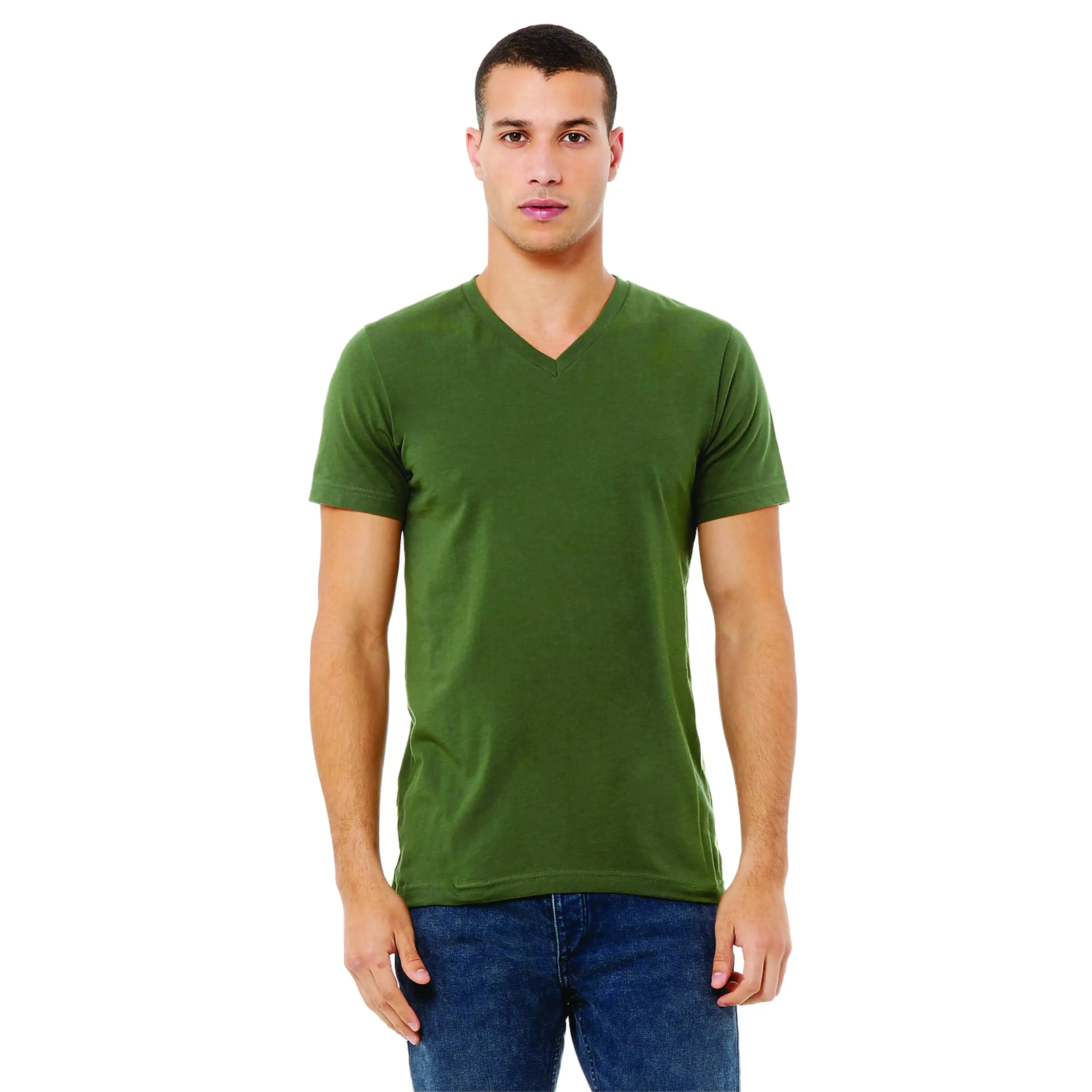 T-shirt Unisex a manica corta con scollo a V verde militare-cotone 100% Airlume, 4.2 oz, vestibilità essenziale
