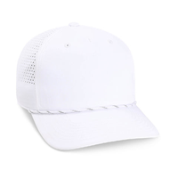 Gorra de golf premium de lona impermeable estructurada de 5 paneles, perfil medio, con perforaciones cortadas a láser, banda de sudor de cuerda tejida lateral, gorra deportiva con diseño de hoja.