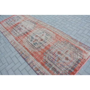 Alfombra turca vintage de 3,8x9,9 pies, naranja, beige, tejido plano de lana con patrón de retazos para decoraciones de sala de estar o uso en el pasillo - Product Image 4