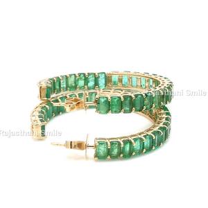 Pendientes de aro de moda con estilo de oro amarillo sólido de 14 quilates, piedra preciosa de corte esmeralda IGI certificada, caja de joyería con ajuste de garra de 5x3mm para mujer - Product Image 3