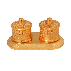 Portalápices estacionario de trabajo de latón y nácar Soporte de bolígrafo de forma redonda de metal chapado en oro en razonable - Product Image 1