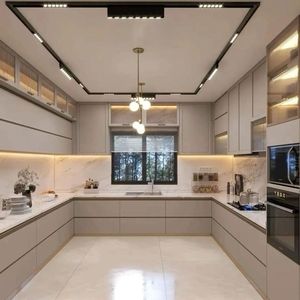 Diseño de Cocina Modular Tipo C Premium con Detalles en Madera de Acabado Oscuro, Iluminación Ambiental y Aspecto Interior Moderno y Lujoso - Product Image 6