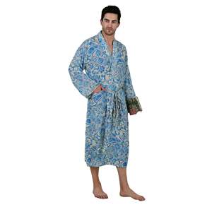 Kimono de Seda Suave con Estampado Floral Persa para Hombre, Estilo Boho Chic, en Tonos Beige y Azul, con Piel Sintética, para Casa de Playa, Talla Regal - Product Image 6