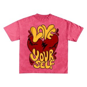 เสื้อยืดแขนสั้นผู้ชายทรงโอเวอร์ไซส์ ผ้าฝ้าย 100% สไตล์ลำลอง ล้างสีแบบแอซิดวอช แต่งขอบตัดสี แบรนด์ Love Yourself - Product Image 4