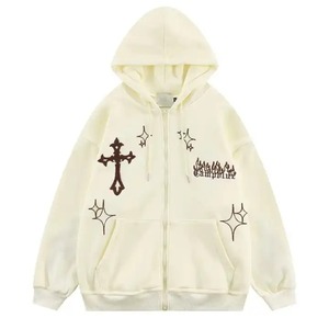 เสื้อมีฮู้ดแบบซิปรูดสำหรับทุกเพศเสื้อผ้าแนวสตรีทผ้ากำมะหยี่ปักลายโอเวอร์ไซส์ผ้าโพลีเอสเตอร์/ คอตตอนสำหรับฤดูใบไม้ร่วง - Product Image 2