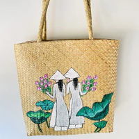 Tas Tangan Wanita Ramah Lingkungan dari Rumput Sedge Buatan Tangan Bentuk Persegi Panjang, Desain Bunga Modis, Penutup Ritsleting, Model Terbaru
