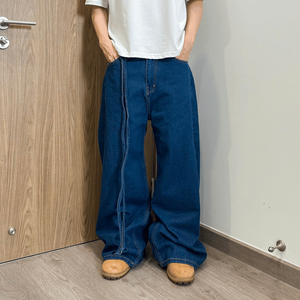 Custom Logo Winter Streetwear Straight Baggy Men's Denim Jeans Organic Cotton Heavyweight Washed Distressed <b>Rope</b> Detail - Product Image 1