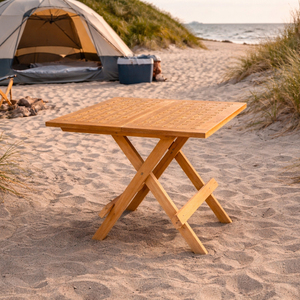 Table de pique-nique pliante en teck d'extérieur, design à pieds en X |   Table à manger portable en teck massif à hauteur réglable pour jardin et terrasse - Product Image 4