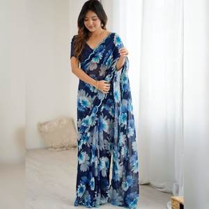 Шелковое сари ZAIN EXPORTS из быстросохнущего жоржета с цифровой печатью в винтажном стиле для женщин: для выпускного вечера, пляжа, выпускного бала и свадебных торжеств - Product Image 1