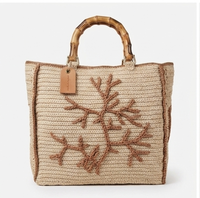 Sac bandoulière léger en paille tressée pour femme, style bohème géométrique vintage, avec poignée en bambou, collection ANA Madagascar