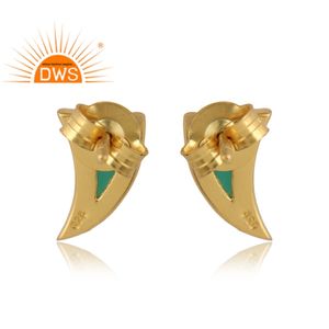 Horn Style <b>Sterling</b> <b>Silver</b> 18K Gold Plated Natural Cz & Green Onyx Gemstone <b>Stud</b> Earring Jewelry Manufacturer - Product Image 4