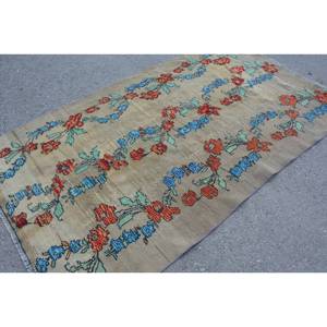 Alfombra de lana turca Vintage 4ft7in X 8ft3in azul Beige patrón de retales de tejido plano de gran tamaño para decoración para sala de estar USO DE COCHE látex - Product Image 2