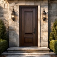 Porte d'entrée en bois classique à deux panneaux en noyer foncé avec œil-de-chat, porte en bois traditionnelle américaine pour entrée principale de villa