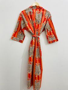 Bata Kimono de algodón, bata de dama de honor con estampado de bloques, ropa de dormir de verano, talla única - Product Image 5