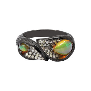 Memoria Jewels Leaf Design Ruby Round Brilliant Cut Gemstone Diamond Black Rhodium 925 Sterling <b>Silver</b> Handmade Women's <b>Ring</b> - Product Image 1