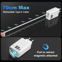 Nuevo Cargador GaN Retráctil de 65W con PD y PPS, Cargador Rápido Tipo-C con Cable USB-C para iPhone, Cargador Universal Portátil