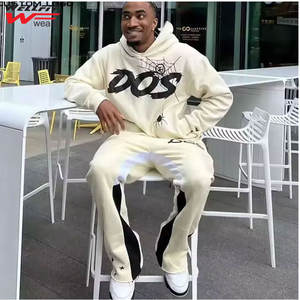 Conjunto de chándal personalizado OEM para hombre 2025, Sudadera con capucha con borde de dobladillo crudo con estampado de algodón transpirable, pantalón para correr, dos piezas acampanadas apiladas con capucha - Product Image 4