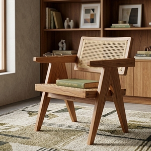 Natural Teak Wood Woven Rattan <b>Armchair</b> V Leg Chandigarh Style Accent <b>Dining</b> Chair Outdoor Patio Setup Art Design Decor - Product Image 5