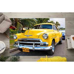Retro Yellow <b>Car</b> <b>Rug</b>: Vintage Automotive Decor, Printed <b>Rug</b>,Nonwoven Soft <b>Rug</b> - Product Image 1