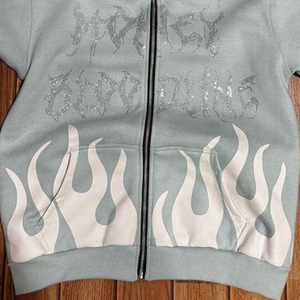 Nouveau fabricant Logo personnalisé en détresse broderie soleil délavé Vintage Hoddie ensemble coton pleine fermeture éclair acide lavé strass à capuche - Product Image 3