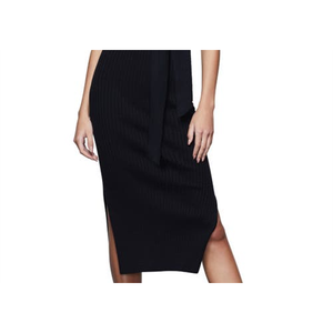 Elegante Abito Midi Nero in Maglia a Costine Americana con Maniche a Sbuffo e Cintura Annodata, Traspirante, per Ufficio e Uso Quotidiano, Modello Diamond Taglia 001 - Product Image 3