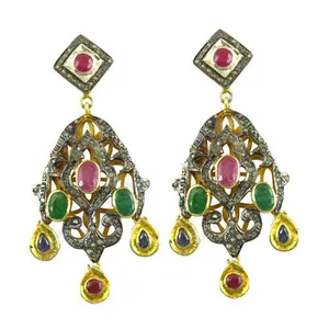 Boucles d'oreilles vintage plaquées or 22 carats avec sertissage clos rubis émeraude, bijoux de mariage pour femme, design géométrique - Product Image 1