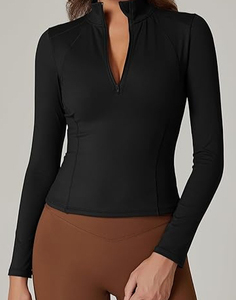 เสื้อยืดสองชั้นแขนยาวคอสูงแบบมีซิปครึ่งสำหรับผู้หญิงเสื้อฟิตเนสโยคะเสื้อออกกำลังกายมีซับในสองชั้นเสื้อครอปสำหรับนักกีฬา - Product Image 3