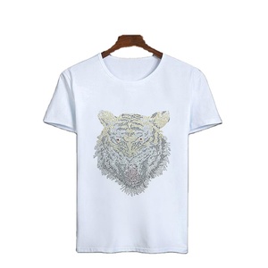 Men's White Short Sleeve T-Shirt with Rhinestone <b>Animal</b> Print O-Neck Regular Fit <b>Knitted</b> Fabric 100% Cotton Jersey Breathable - Product Image 2