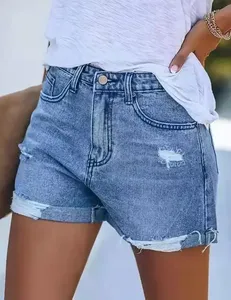Short taille haute d'été pour femmes vente directe d'usine lâche cylindre droit jambe large bord roulé porté bleu noir coton - Product Image 3