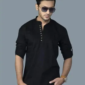 Custom Made Designer Short kurta full sleeves for Men Elegant Collar Turkey Jubah indian men cotton kurta shirt