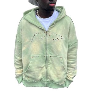 Respirant personnalisé hommes hiver soleil délavé coton polaire à capuche haute qualité lavage à l'acide fermeture éclair en détresse Vintage 3D brodé - Product Image 3