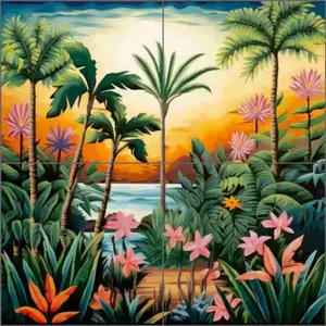 Lazar Studio Paisaje tropical Arte Mural de cerámica Azulejo único Backsplash Murales de pared - Product Image 1