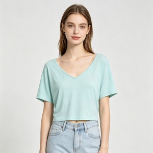 T-shirt court décontracté pour femme, col en <span class=keywords><strong>V</strong></span> oversize, en modal doux et respirant, à manches courtes, basique pour le quotidien - Product Image 6