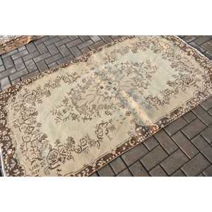 Turkish Vintage <b>Wool</b> Rug 3.8x6.9 ft <b>Brown</b> Patchwork Design Eco-Friendly Latex Backing - Product Image 2