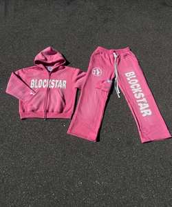 Conjunto personalizado de Sudadera con capucha y pantalones de chándal con cremallera para mujer, chándal desteñido por el sol lavado con ácido, chándal acampanado, traje para correr para hombre - Product Image 5