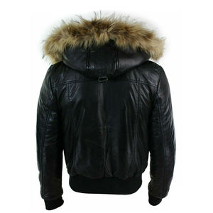 Blouson aviateur en cuir véritable pour homme, en cuir de vache, denim, bleu, jaune, fermeture éclair, col et poignets en tricot côtelé, vintage, chauffant, hiver - Product Image 3