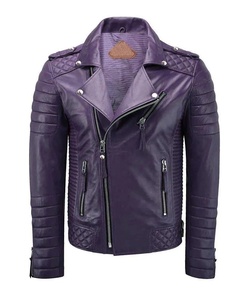 <b>Men's</b> Purple Genuine Leather Slim Fit Turn-down Collar Zipper Closure Quilted Shoulder Regular Sleeve Winter Style Waterproof - Product Image 1