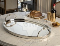 Plateau de service alimentaire ovale moderne en acier inoxydable, écologique et luxueux, avec poignées en bois/métal, compatible lave-vaisselle, poli, 100 pièces