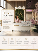 Présentation du mobilier de salon de beauté biophilique : comptoir d'accueil en terrazzo, lit de soin mauve et canapé circulaire vert pour salon moderne