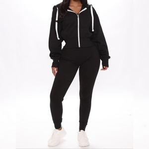 Logo personnalisé Ensemble pantalon et sweat à capuche de sport imprimé de haute qualité Survêtement pour femmes Ensemble 2 pièces Couleur unie avec fermeture éclair Costume à capuche pour femmes - Product Image 1