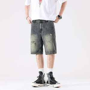 กางเกงยีนส์ขาสั้นผ้าฝ้ายคุณภาพสูงของผู้ชายออกแบบได้เองด้วยการปักลายและตกแต่งแนวสตรีทวินเทจ - Product Image 6