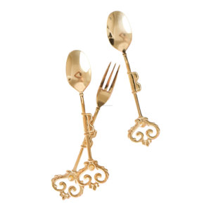 Juego de tenedor de cuchara mini con diseño de corona y llave vintage de metal dorado de lujo - Product Image 1
