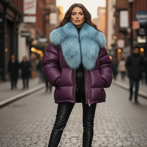 Chaqueta Acolchada Delgada de Cuero Genuino para Mujer, Cuello de Piel de Zorro, Cierre de Cremallera, Invierno, Cortavientos, Moda Urbana - Product Image 2