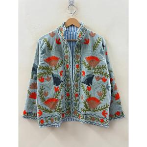 เสื้อแจ็คเก็ตกำมะหยี่ปักลายดอกไม้สีฟ้าอมน้ำเงินคุณภาพพรีเมียม  ผ้าฝ้ายบางเบา  หนังแท้  สำหรับฤดูใบไม้ผลิ  ไซส์ XL - Product Image 1